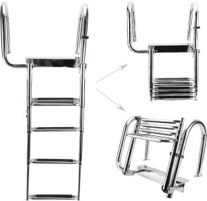 NovelBee 4 Step Removable Stainless Folding Pontoon Boat Ladder,Telescopic Folding Rear Entry Dock Ladder with Extra Wide Step (to The Left)