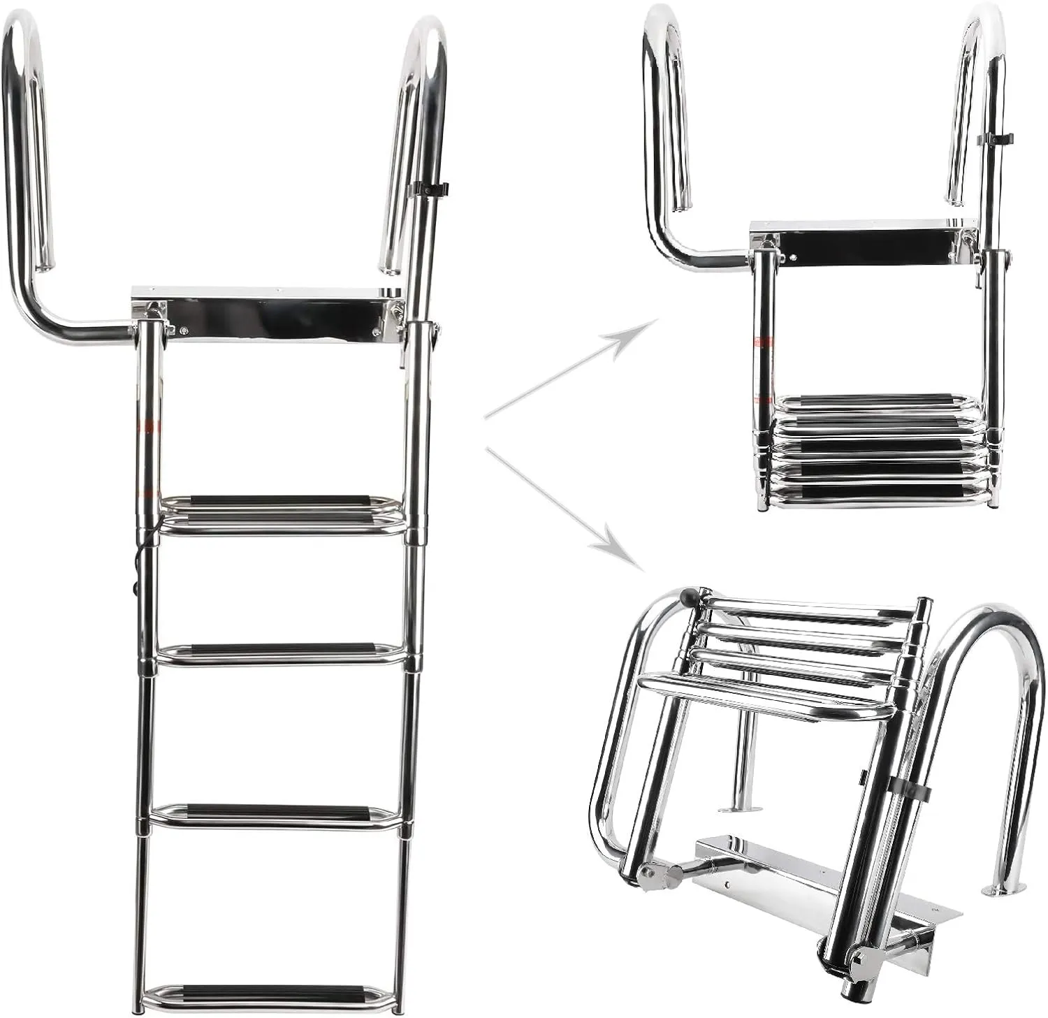 NovelBee 4 Step Removable Stainless Folding Pontoon Boat Ladder,Telescopic Folding Rear Entry Dock Ladder with Extra Wide Step (to The Left)