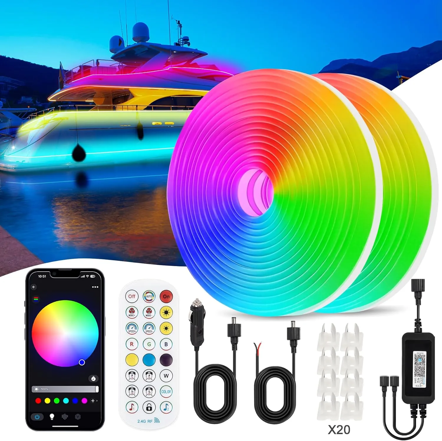 Obcursco Marine LED Strip Lights, IP68 Waterproof RGBW 12V with APP and RF Remote Control, Interior and Exterior Deck Lighting for Pontoon, Bass Boat, Fishing Boat, Yacht (32.8FT)