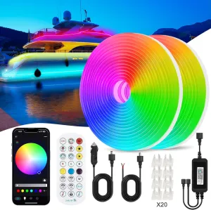 Obcursco Marine LED Strip Lights, IP68 Waterproof RGBW 12V with APP and RF Remote Control, Interior and Exterior Deck Lighting for Pontoon, Bass Boat, Fishing Boat, Yacht (32.8FT)