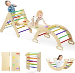 Olakids Pikler Triangle Set 7 in 1 Climbing Toys for Toddlers 1-3 Inside Foldable Wood Montessori Jungle Gym with Ramp Ladder Arch Slide Baby Climber Indoor Playground