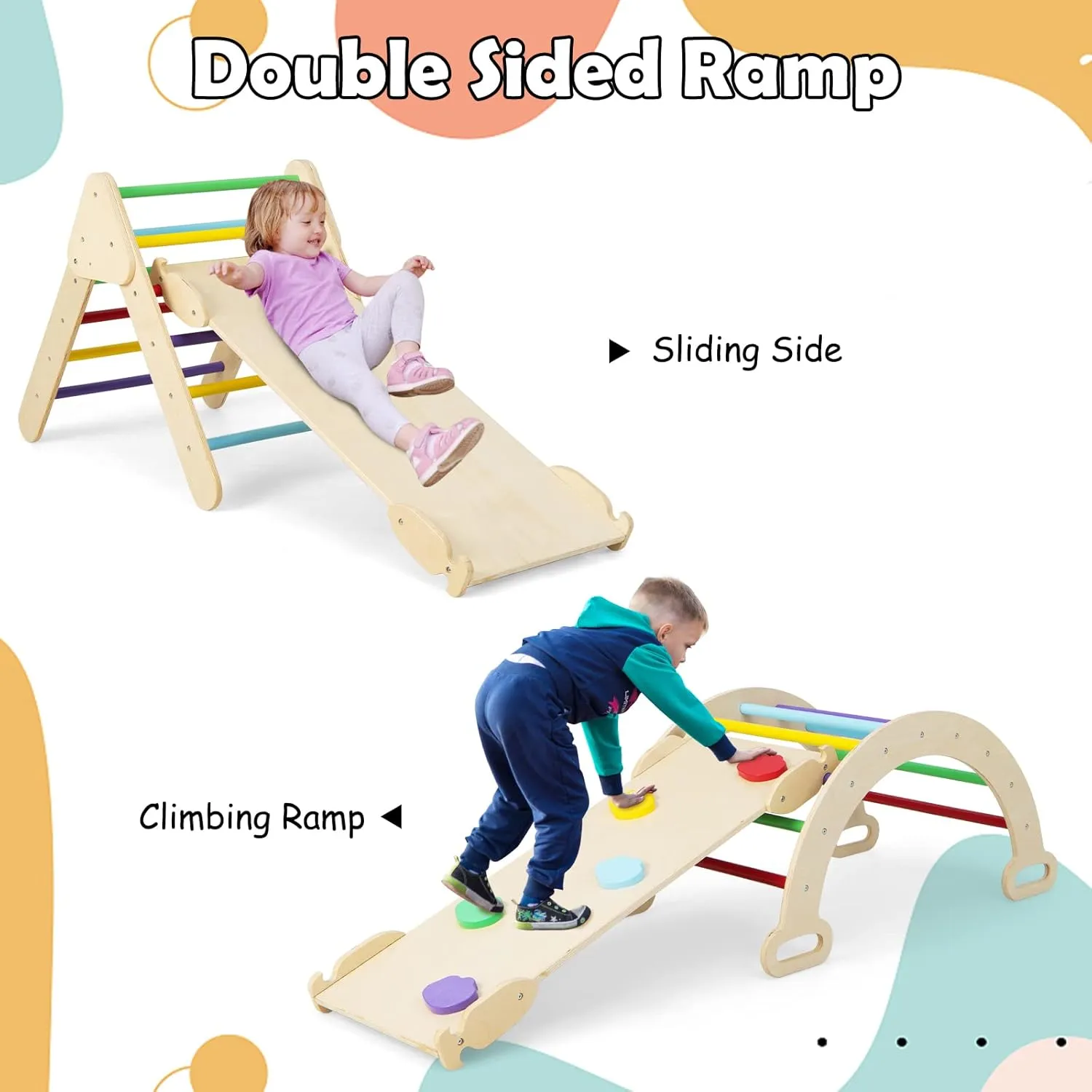 Olakids Pikler Triangle Set 7 in 1 Climbing Toys for Toddlers 1-3 Inside Foldable Wood Montessori Jungle Gym with Ramp Ladder Arch Slide Baby Climber Indoor Playground