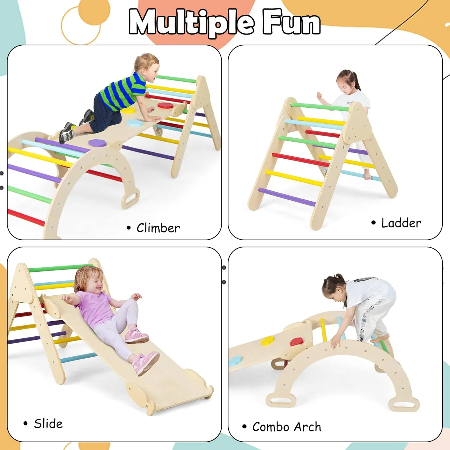 Olakids Pikler Triangle Set 7 in 1 Climbing Toys for Toddlers 1-3 Inside Foldable Wood Montessori Jungle Gym with Ramp Ladder Arch Slide Baby Climber Indoor Playground