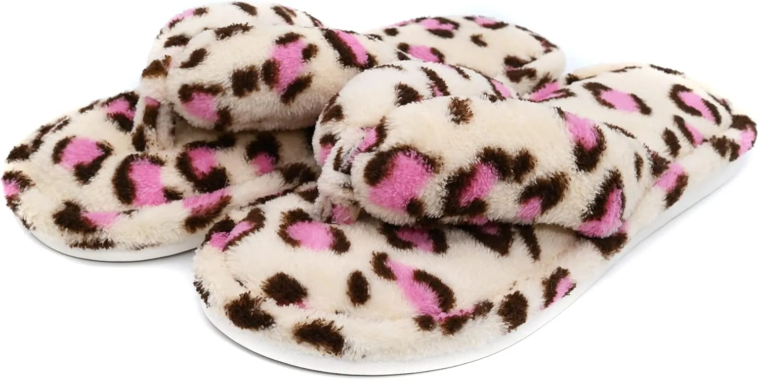 Onmygogo Indoor Slippers for Women Open Toe with Memory Foam, Soft Faux Fur Nonslip House Slippers