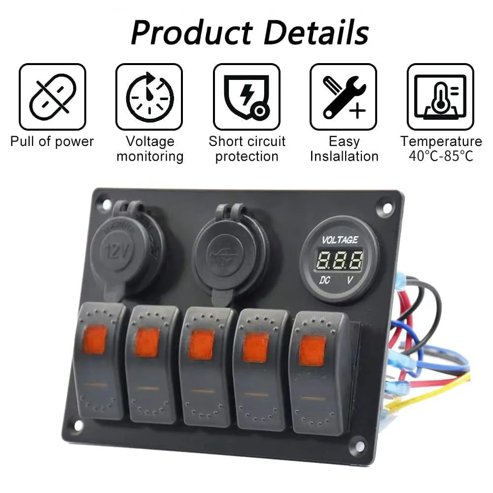 Orange 5 Gang Marine Switch Panel - Waterproof Boat Switch Panel with 3.1A Dual USB, LED Voltmeter & Cigarette Lighter Socket for Boats, Trucks, RVs, SUVs
