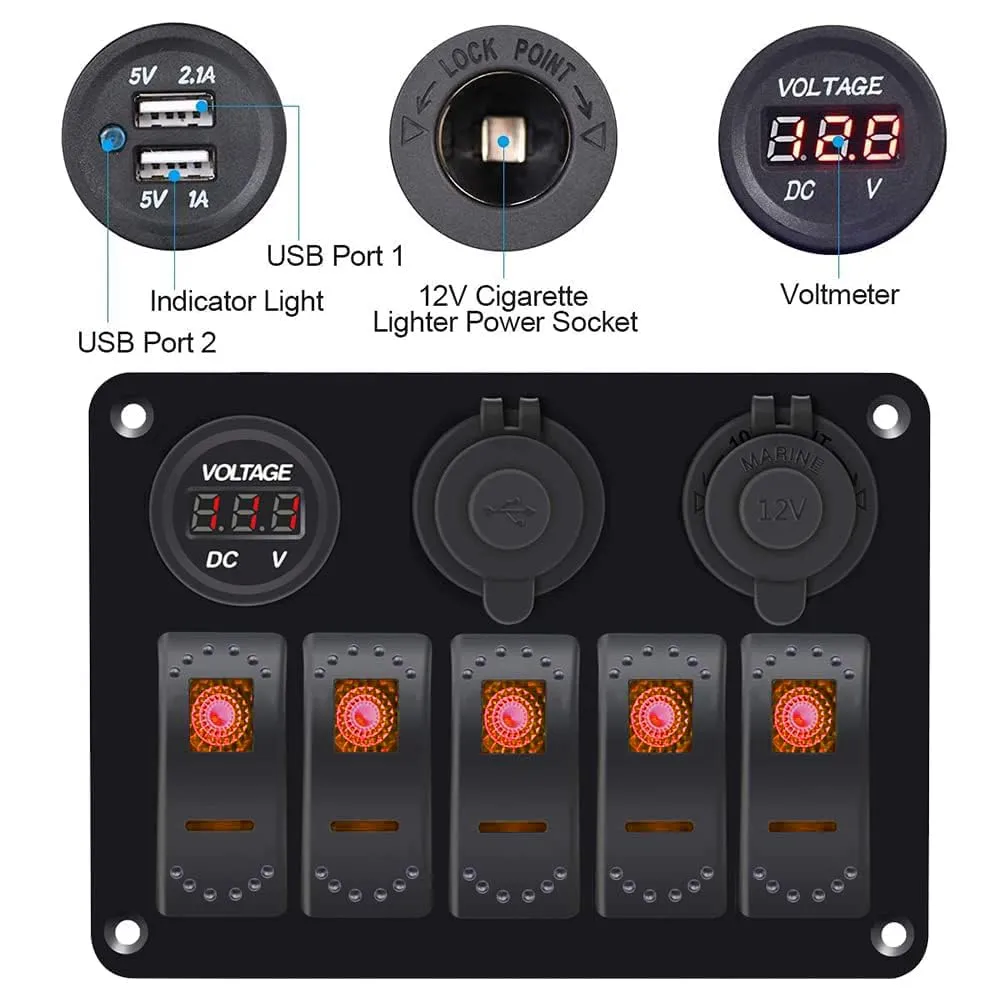 Orange 5 Gang Marine Switch Panel - Waterproof Boat Switch Panel with 3.1A Dual USB, LED Voltmeter & Cigarette Lighter Socket for Boats, Trucks, RVs, SUVs