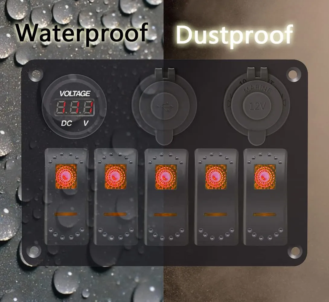 Orange 5 Gang Marine Switch Panel - Waterproof Boat Switch Panel with 3.1A Dual USB, LED Voltmeter & Cigarette Lighter Socket for Boats, Trucks, RVs, SUVs