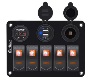 Orange 5 Gang Marine Switch Panel - Waterproof Boat Switch Panel with 3.1A Dual USB, LED Voltmeter & Cigarette Lighter Socket for Boats, Trucks, RVs, SUVs
