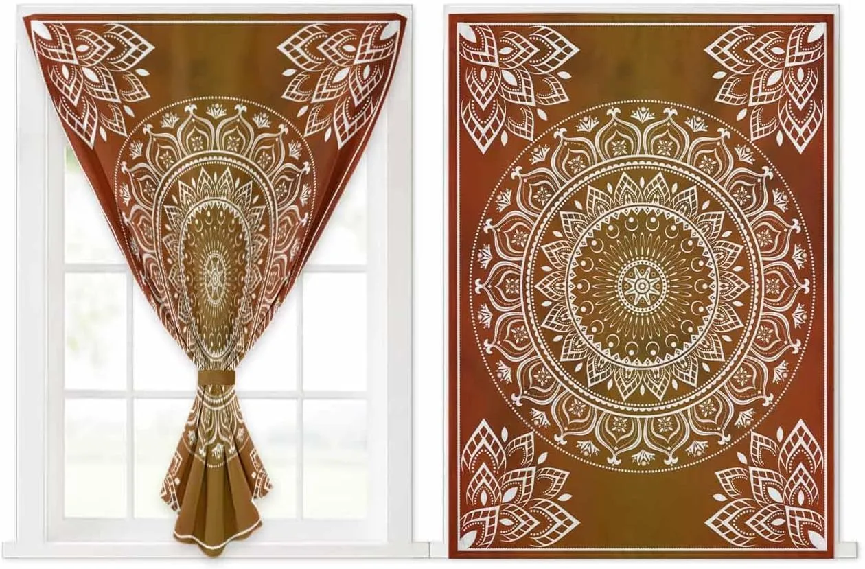 Orange Boho Self Adhesive Blackout Curtains with Tiebacks,Portable Rod Pocket Living Room Darkening Curtains,Country Vintage Ethnic Abstract Geometric Thermal Insulated Windows Cover,47Wx72H