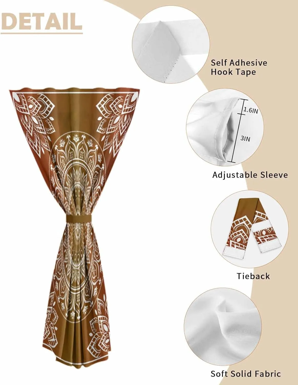 Orange Boho Self Adhesive Blackout Curtains with Tiebacks,Portable Rod Pocket Living Room Darkening Curtains,Country Vintage Ethnic Abstract Geometric Thermal Insulated Windows Cover,47Wx72H
