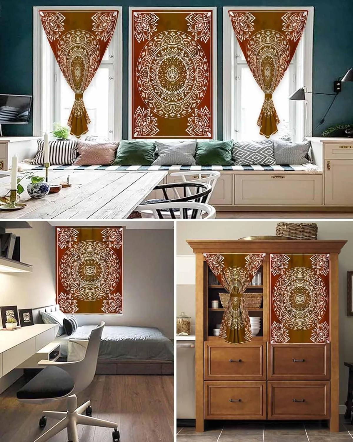 Orange Boho Self Adhesive Blackout Curtains with Tiebacks,Portable Rod Pocket Living Room Darkening Curtains,Country Vintage Ethnic Abstract Geometric Thermal Insulated Windows Cover,47Wx72H