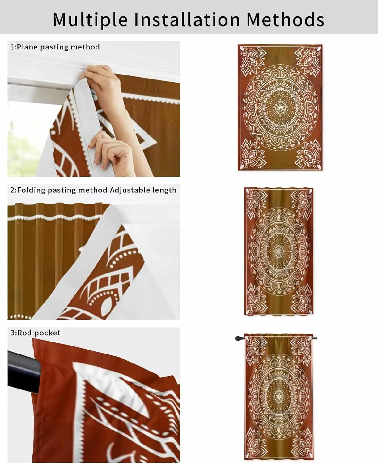 Orange Boho Self Adhesive Blackout Curtains with Tiebacks,Portable Rod Pocket Living Room Darkening Curtains,Country Vintage Ethnic Abstract Geometric Thermal Insulated Windows Cover,47Wx72H