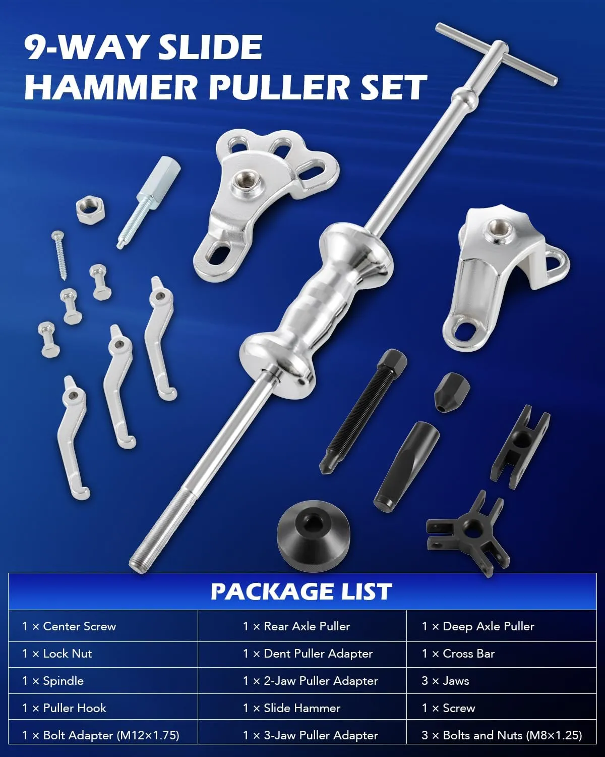 Orion Motor Tech Slide Hammer, 9-Way Internal/External Slide Hammer Puller Set - Pulls Hubs, Rear Wheel Axle Shafts, Bearings, Bushings, Seals, Retainers