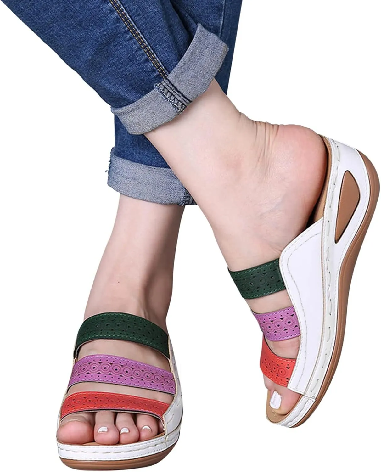 Orthotic Sandals for Women Wide Flip Flops Beach Non Slip Low Wedge Sandal Dressy Summer Heel Arch Support Shoes for Woman Wedge Shoes Slip On Wide Width Women’s Orthopedic Shoe