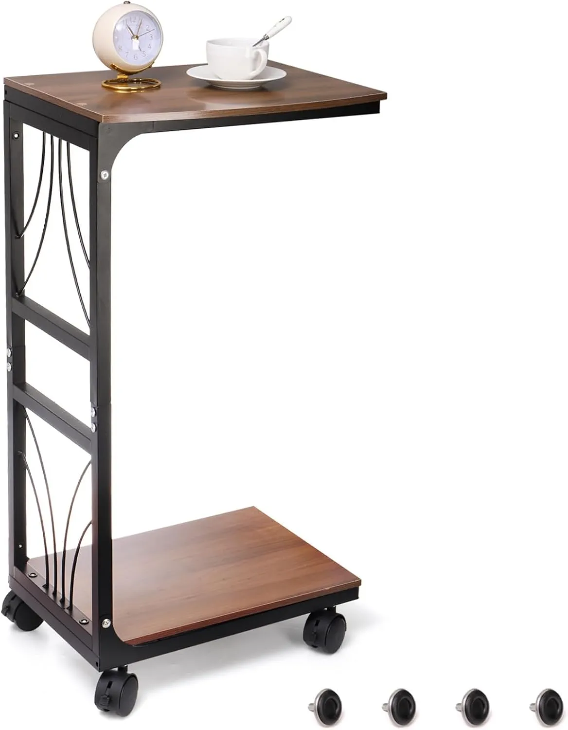 Peohud C Shaped End Table, Sturdy Side Table with Rolling Wheels, Vintage Couch Table with Metal Frame for Sofa, Living Room, Bedroom, Small Space