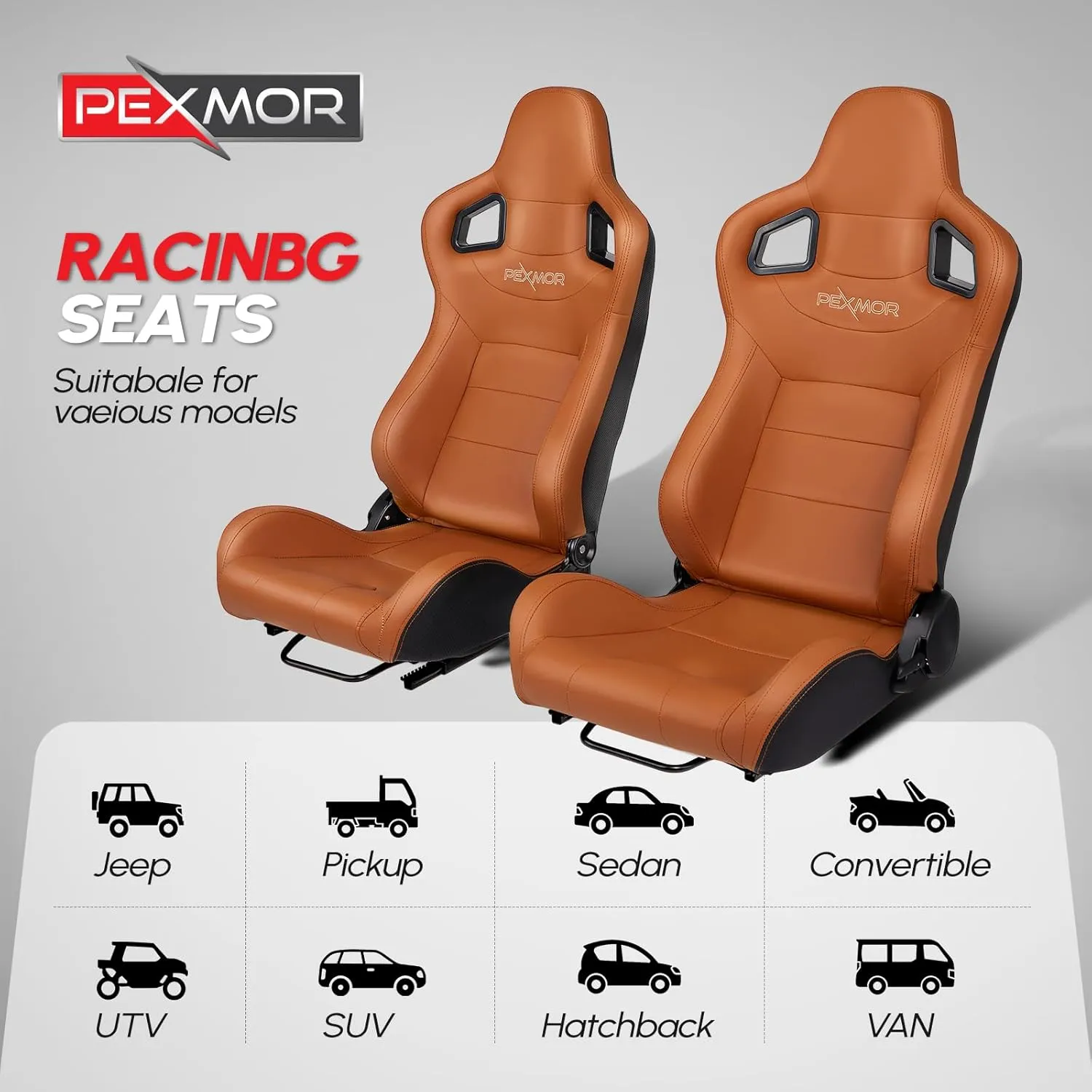 PEXMOR 2 Pcs Reclinable Universal Racing Bucket Seats w/Dual Slider, PU & Carbon Leather Adjustable Race Seats for Cars, Driver and Passenger Side, 21.5" W X 21.5" D X 38"H