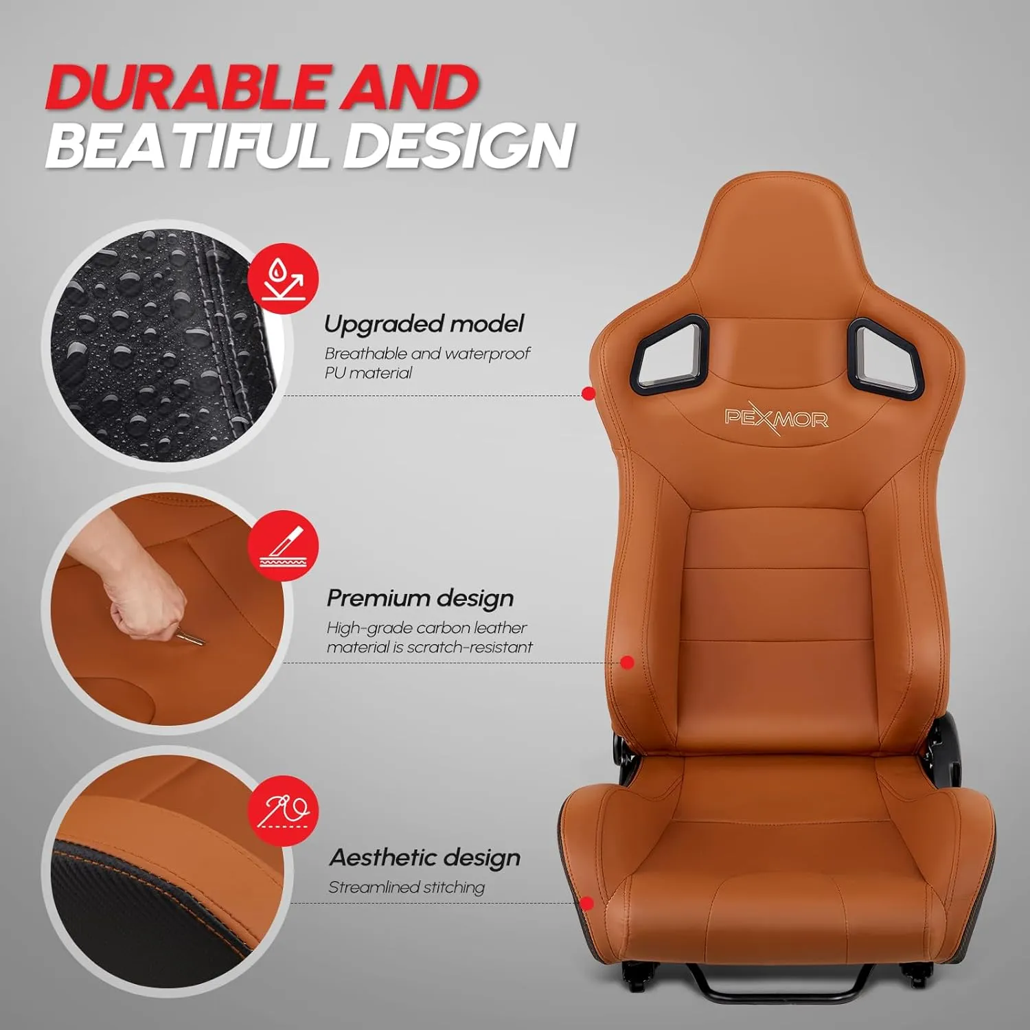 PEXMOR 2 Pcs Reclinable Universal Racing Bucket Seats w/Dual Slider, PU & Carbon Leather Adjustable Race Seats for Cars, Driver and Passenger Side, 21.5" W X 21.5" D X 38"H