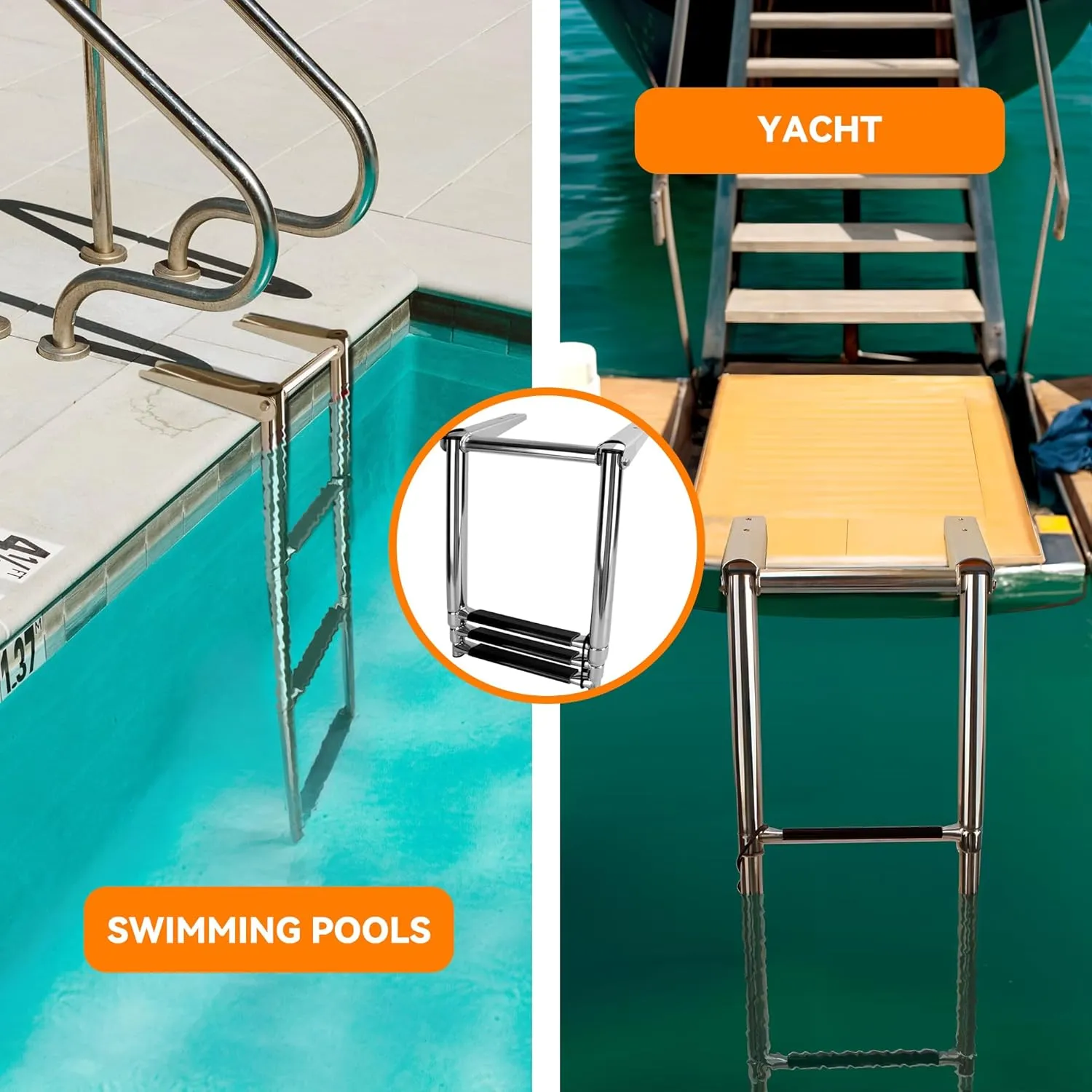 Pontoon Boat Ladder 3 Step Folding, Stainless Steel Swim Ladder Additional Bar for Boats,Yachts, and Over Platform
