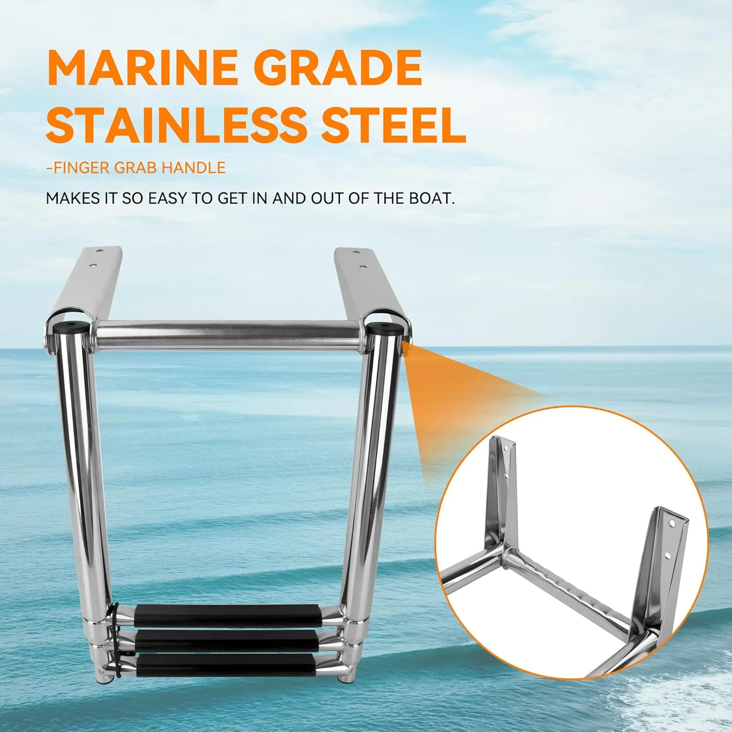 Pontoon Boat Ladder 3 Step Folding, Stainless Steel Swim Ladder Additional Bar for Boats,Yachts, and Over Platform