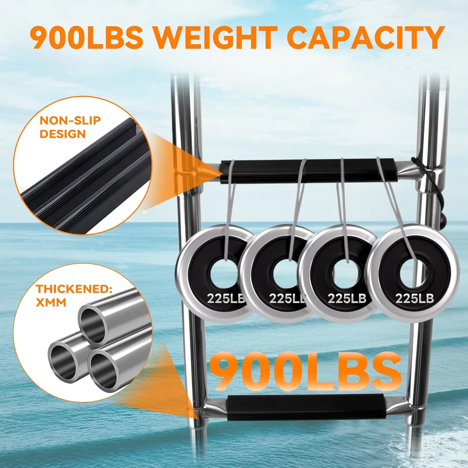 Pontoon Boat Ladder 3 Step Folding, Stainless Steel Swim Ladder Additional Bar for Boats,Yachts, and Over Platform