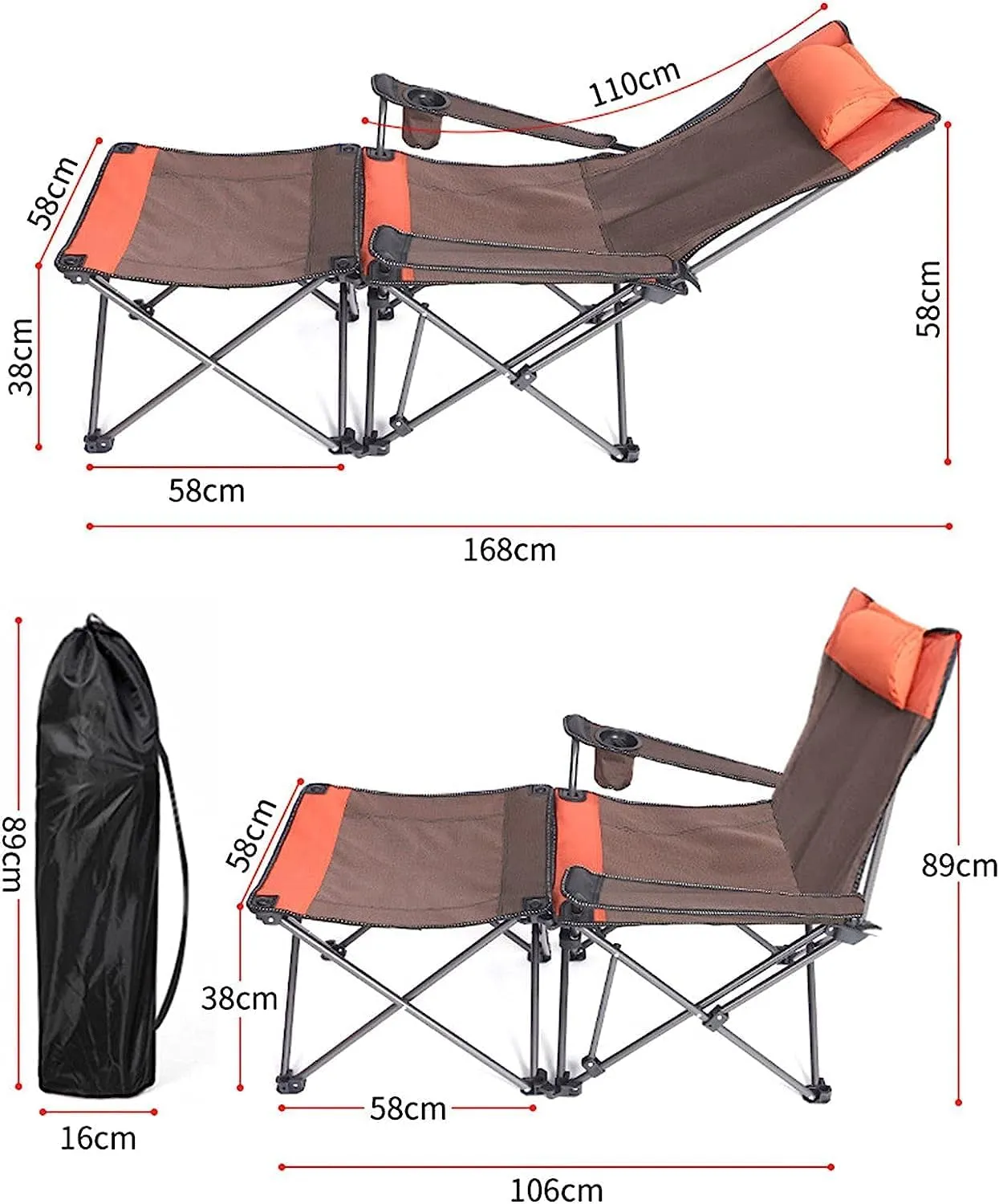 Portable Folding Chair 2 in 1 Camping Chair with Footrest, Recliner Folding Lounge Seat for Beach, Fishing, Picnics, Hiking Adjustable Folding Chair(B)