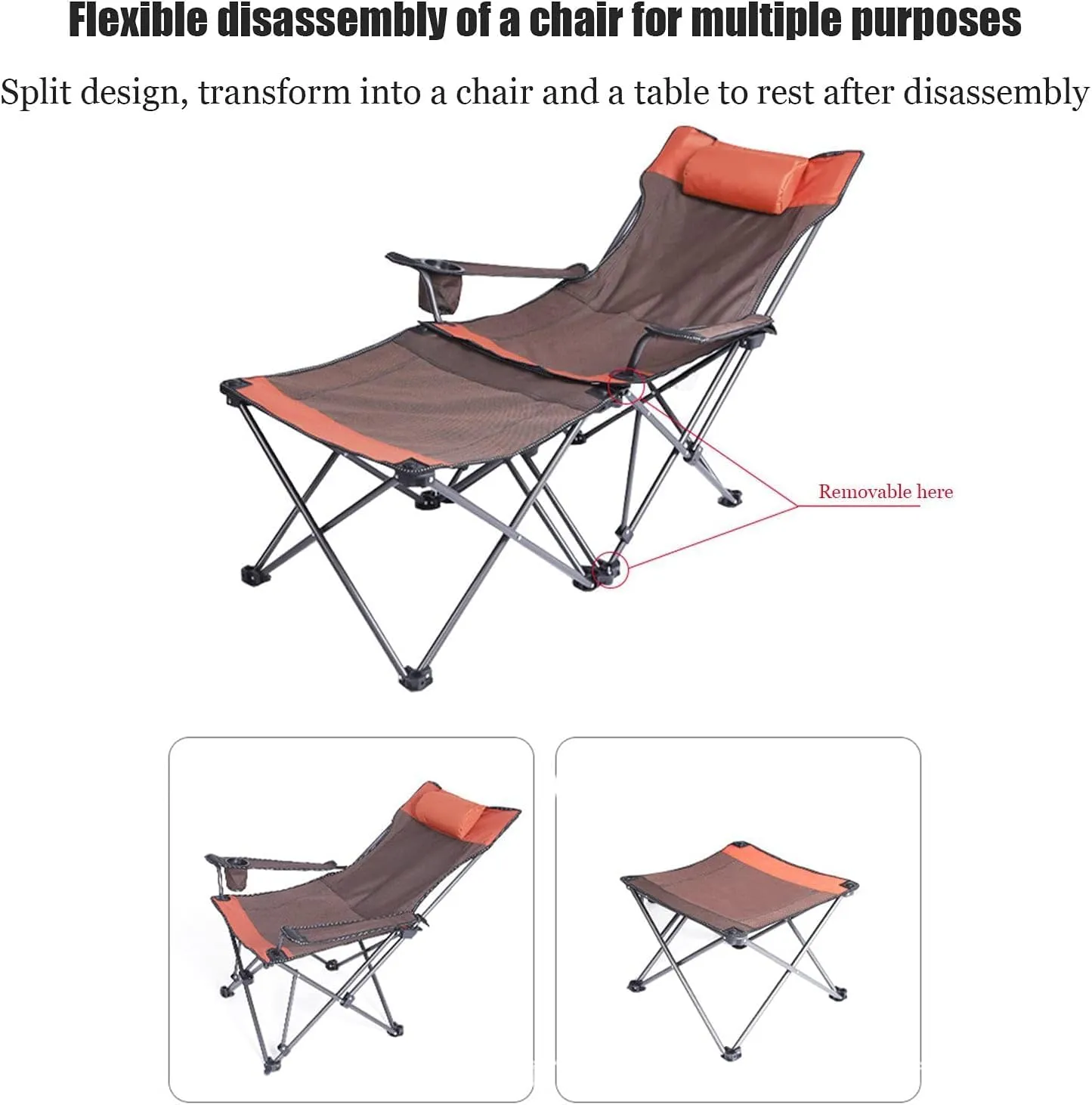 Portable Folding Chair 2 in 1 Camping Chair with Footrest, Recliner Folding Lounge Seat for Beach, Fishing, Picnics, Hiking Adjustable Folding Chair(B)