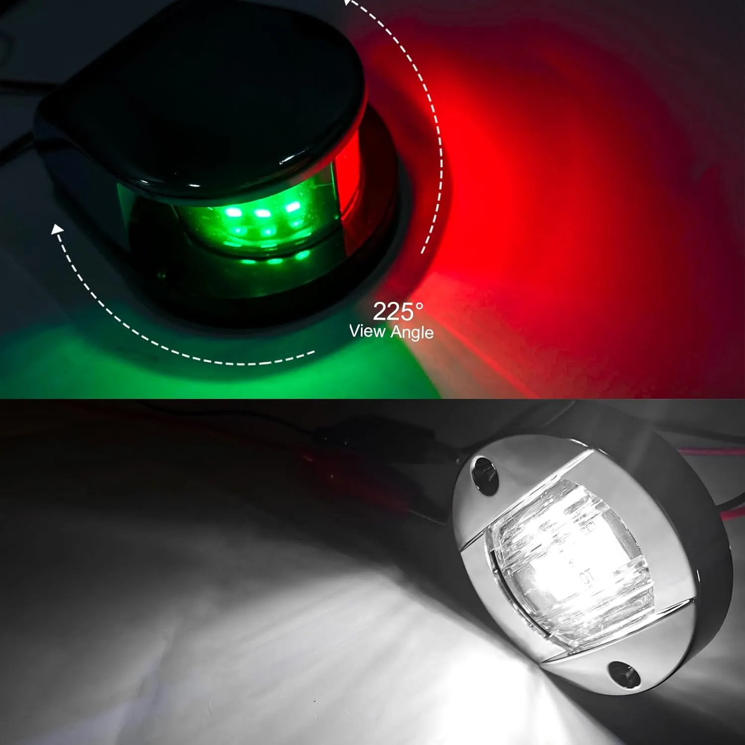 PSEQT Boat Navigation Lights LED Waterproof Marine Bow Stern Side Interior Deck Transom Lights w/Chrome bezels for Pontoon Fishing Small Bass Boat Yacht Kayak (1Pcs Red and Green, 2Pcs White)