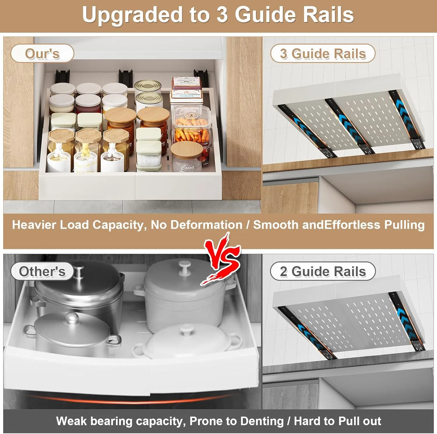 Pull out Cabinet Organizer,Width (14"-21") and Depth (17"-24") Expandable With 3 Rails,No Drill Adjustable Slide out Drawers for Kitchen,Pantry,Adhesive Roll out Shelves,for Cabinets Without Lip,White