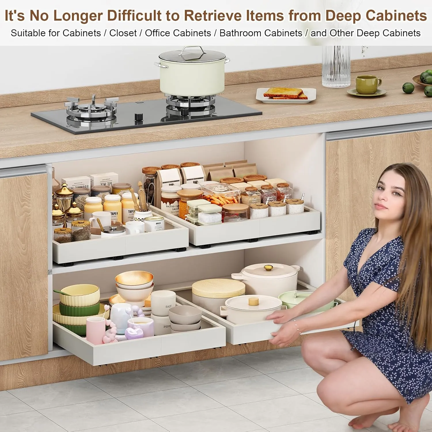 Pull out Cabinet Organizer,Width (14"-21") and Depth (17"-24") Expandable With 3 Rails,No Drill Adjustable Slide out Drawers for Kitchen,Pantry,Adhesive Roll out Shelves,for Cabinets Without Lip,White