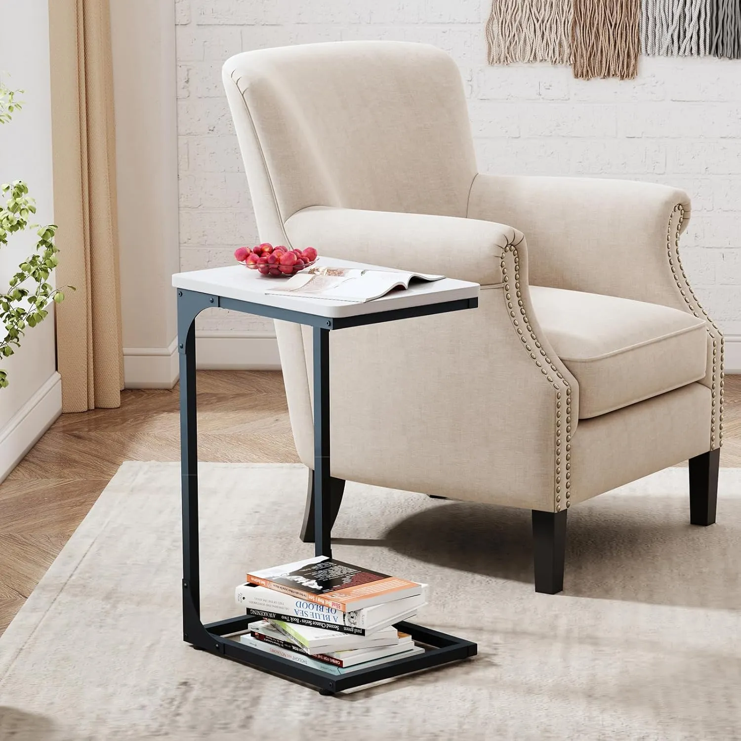 QEEIG C Table Side Table Set of 2 Living Room Sets C Shaped Couch Tray End Tables Modern, Black and White (017-30WB)