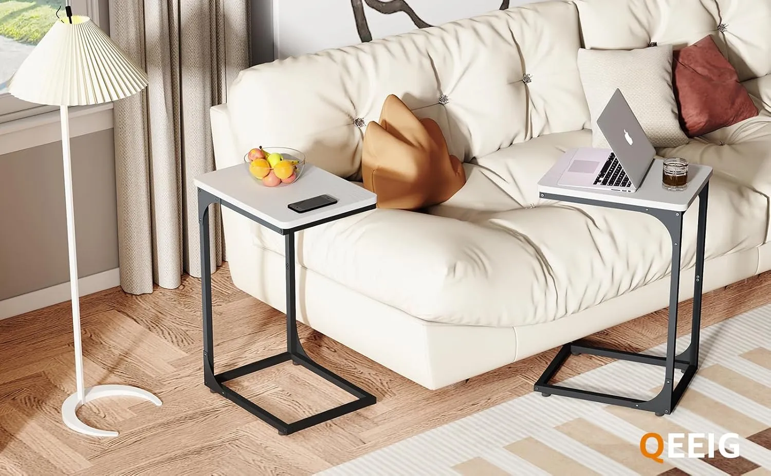 QEEIG C Table Side Table Set of 2 Living Room Sets C Shaped Couch Tray End Tables Modern, Black and White (017-30WB)
