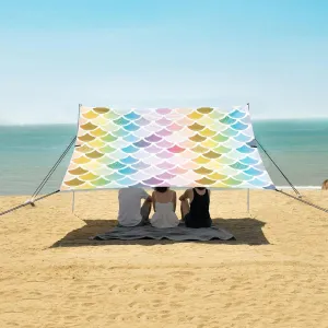 Rainbow Mermaid Scales Beach Canopy Tent Anti-UV & Wind Resistant, Glitter Magical Camping Sun Shelter Easy Setup Portable,Outdoor Shade Tents with Sandbags,Sand Shovels,Ground Pegs & Stability