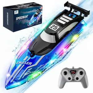 RC Boat for Kids with LED Lights, 2.4Ghz Remote Control Racing Boats for 8-12,Toy Water Boat for Pools & Lakes with Waterproof,Rechargeable Battery, for Boys Girls Blue
