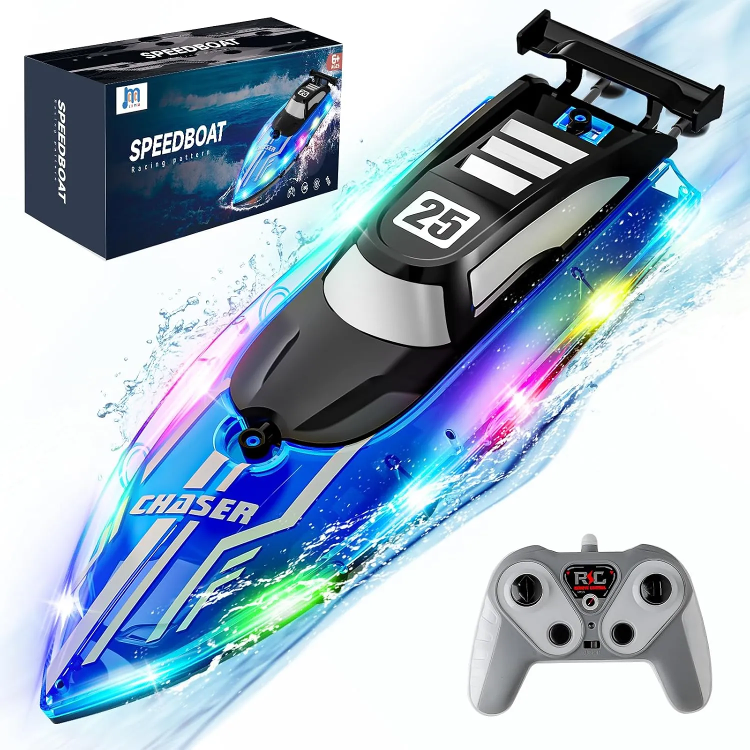 RC Boat for Kids with LED Lights, 2.4Ghz Remote Control Racing Boats for 8-12,Toy Water Boat for Pools & Lakes with Waterproof,Rechargeable Battery, for Boys Girls Blue