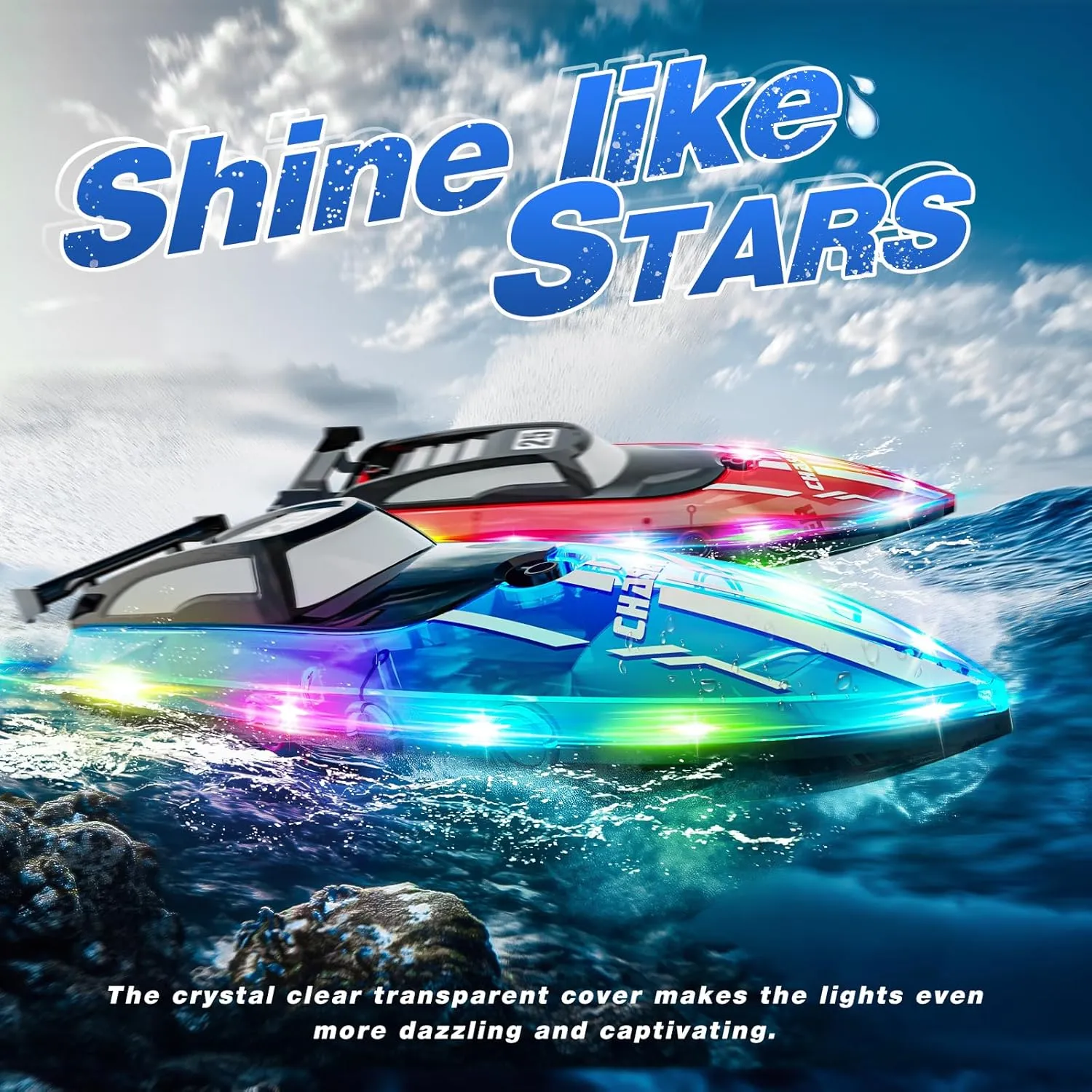 RC Boat for Kids with LED Lights, 2.4Ghz Remote Control Racing Boats for 8-12,Toy Water Boat for Pools & Lakes with Waterproof,Rechargeable Battery, for Boys Girls Blue