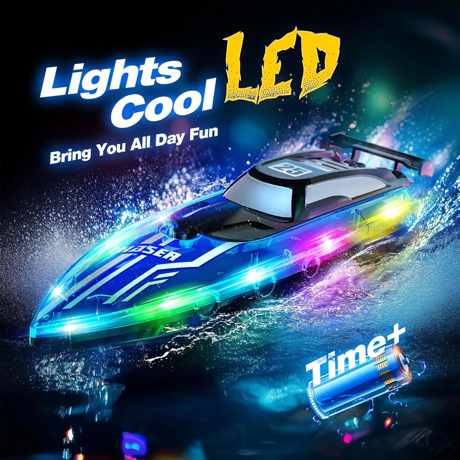 RC Boat for Kids with LED Lights, 2.4Ghz Remote Control Racing Boats for 8-12,Toy Water Boat for Pools & Lakes with Waterproof,Rechargeable Battery, for Boys Girls Blue