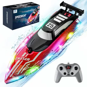 RC Boat for Kids with LED Lights, 2.4Ghz Remote Control Racing Boats for 8-12,Toy Water Boat for Pools & Lakes with Waterproof,Rechargeable Battery, for Boys Girls RED