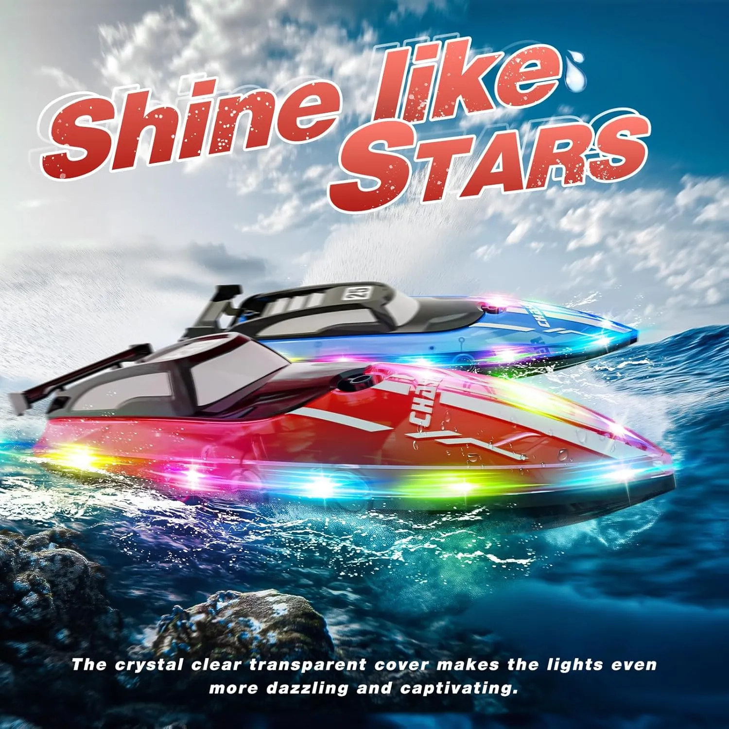 RC Boat for Kids with LED Lights, 2.4Ghz Remote Control Racing Boats for 8-12,Toy Water Boat for Pools & Lakes with Waterproof,Rechargeable Battery, for Boys Girls RED