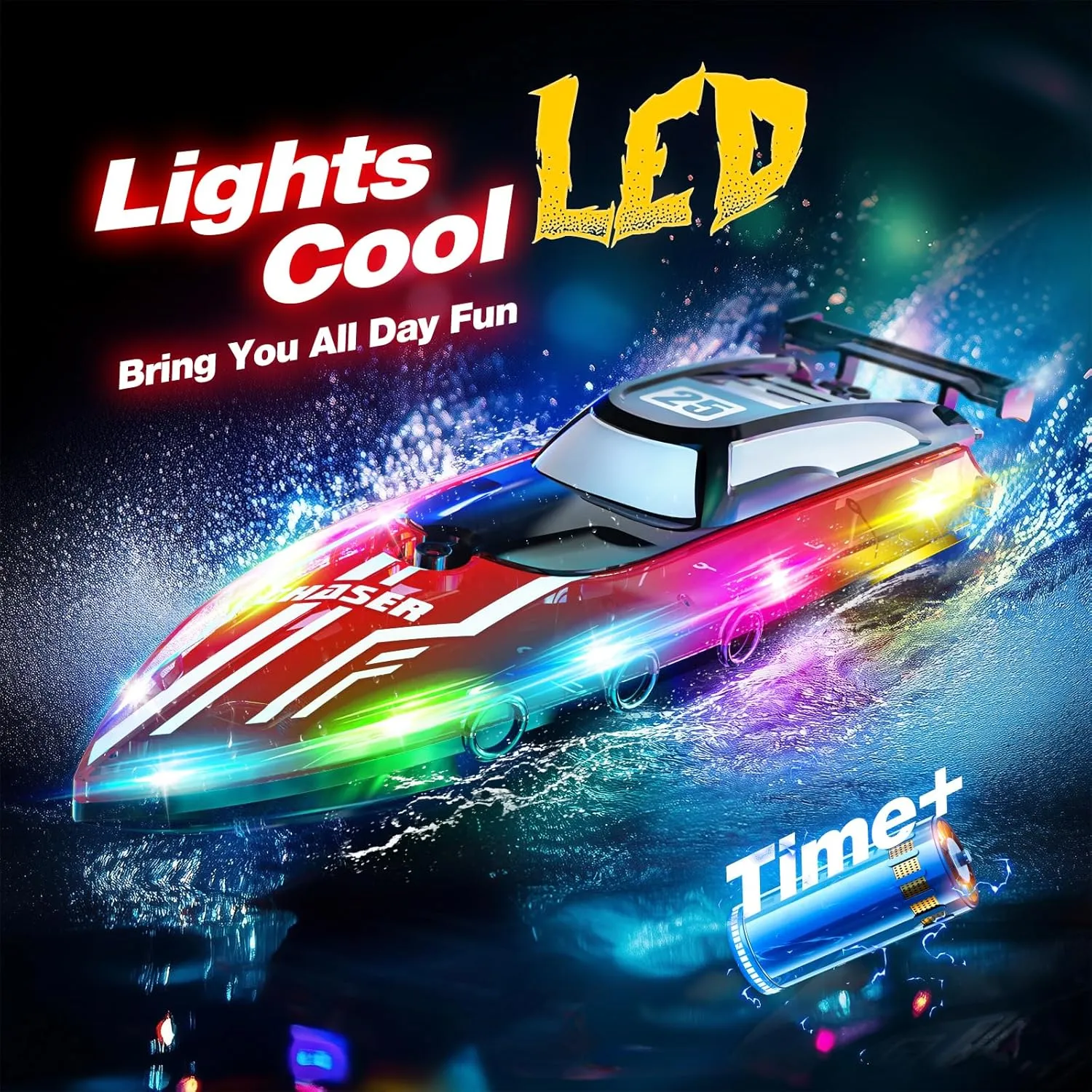 RC Boat for Kids with LED Lights, 2.4Ghz Remote Control Racing Boats for 8-12,Toy Water Boat for Pools & Lakes with Waterproof,Rechargeable Battery, for Boys Girls RED