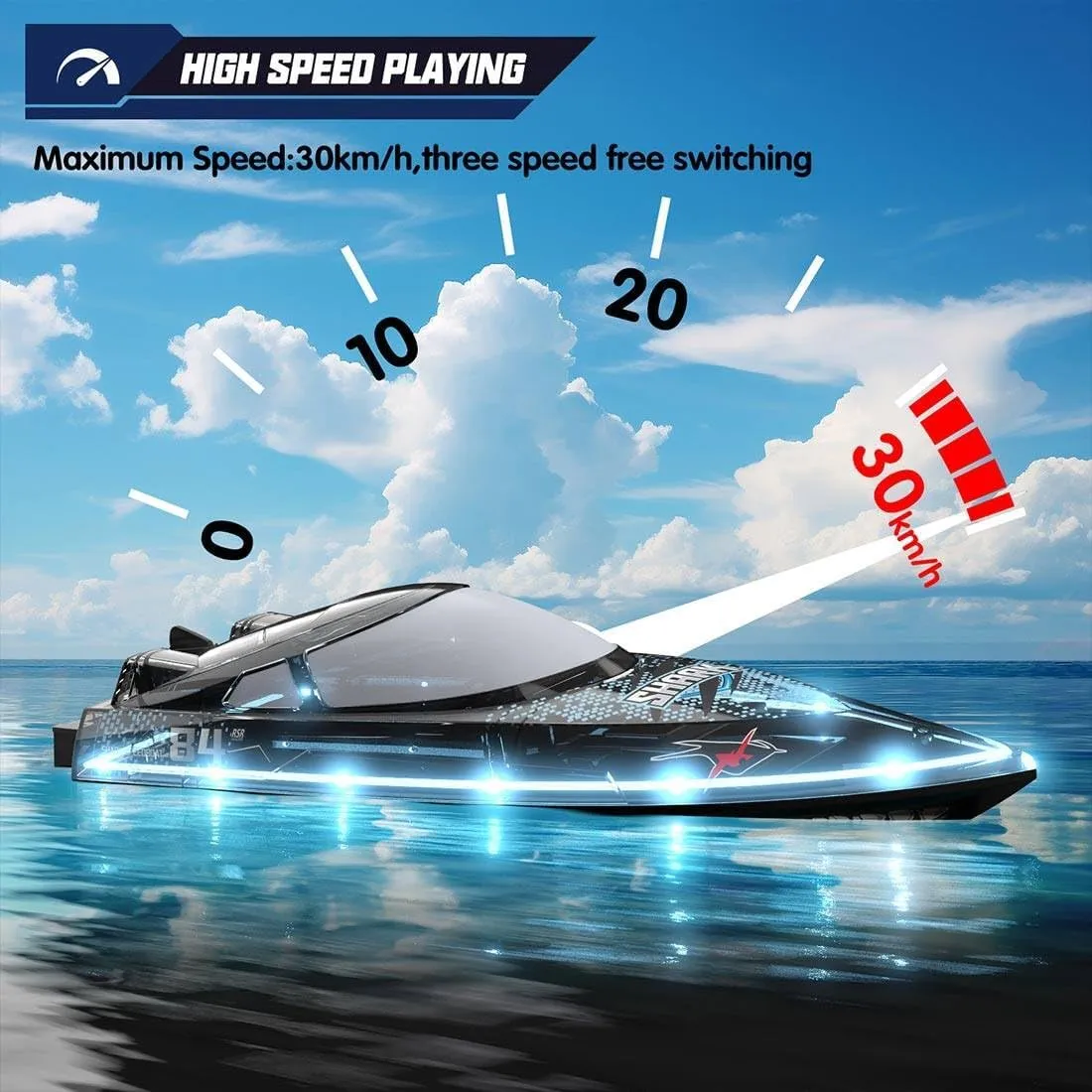 RC Speedboat, 2.4G RC Yacht Boat 30km/h RC Electric Racing Boat Model with Night Navigation Lights, Remote Control Boat Ship for Adults RC Racing Yacht for Pool/Lake-RTR