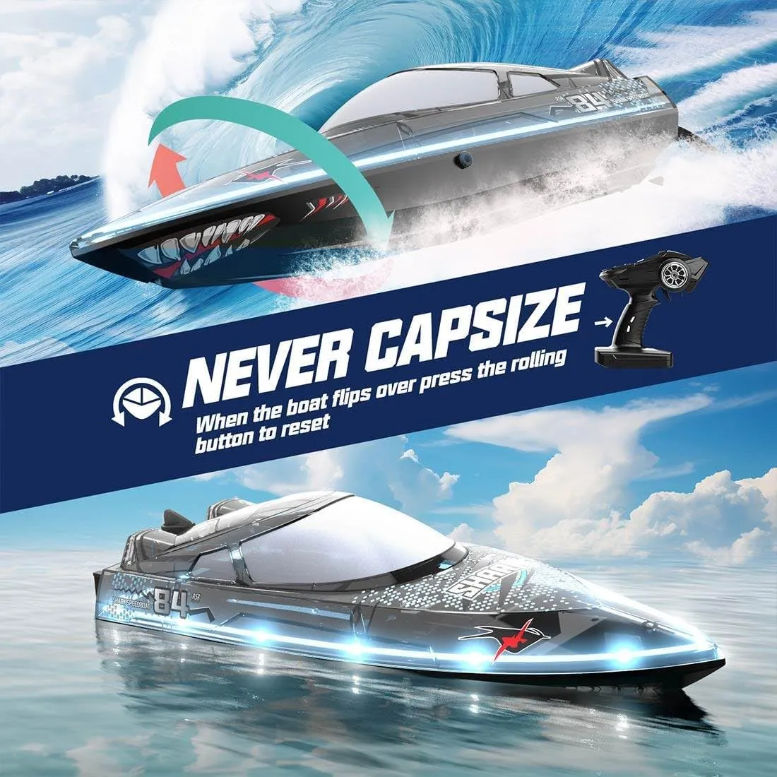 RC Speedboat, 2.4G RC Yacht Boat 30km/h RC Electric Racing Boat Model with Night Navigation Lights, Remote Control Boat Ship for Adults RC Racing Yacht for Pool/Lake-RTR