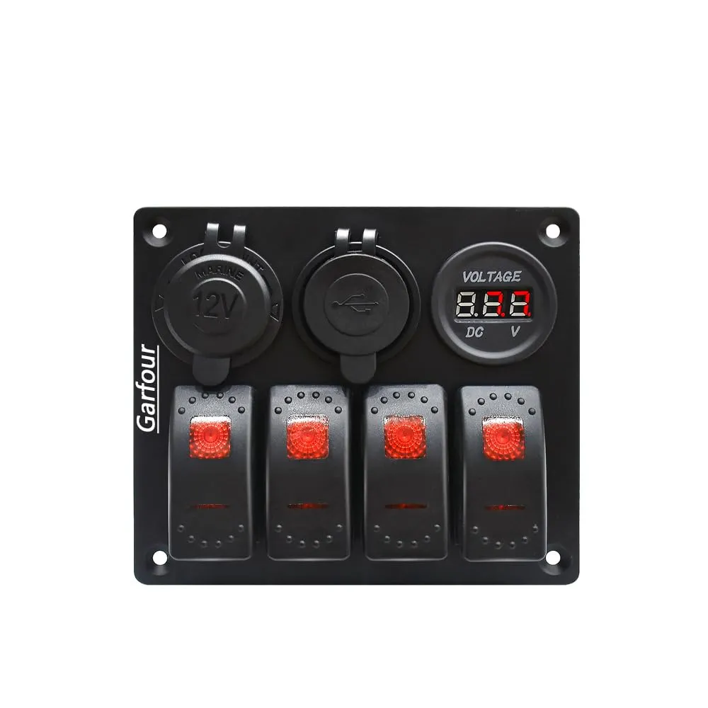 Red Waterproof Boat Rocker Switch Panel 3.1A Volt Dual USB Socket LED Light Voltmeter Cigarette Lighter Socket 4 Bang Rocker Switch Panel for Car RV SUV Boat