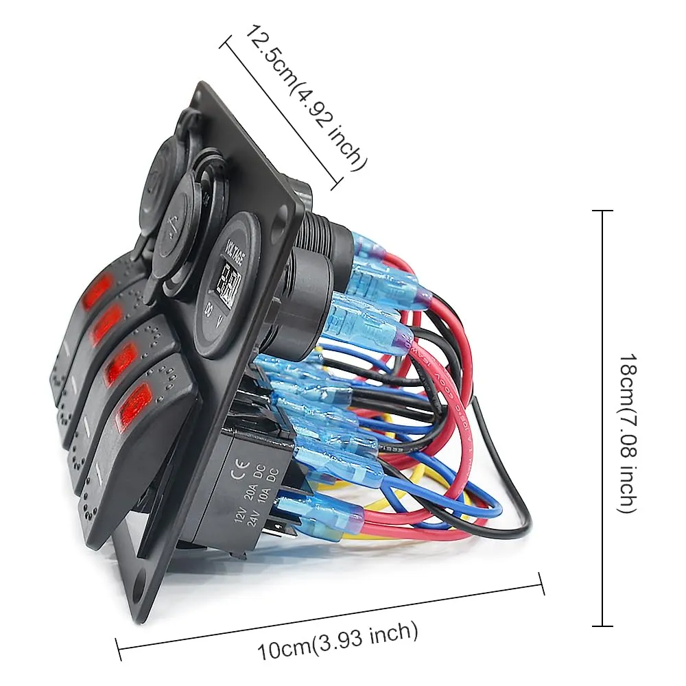 Red Waterproof Boat Rocker Switch Panel 3.1A Volt Dual USB Socket LED Light Voltmeter Cigarette Lighter Socket 4 Bang Rocker Switch Panel for Car RV SUV Boat