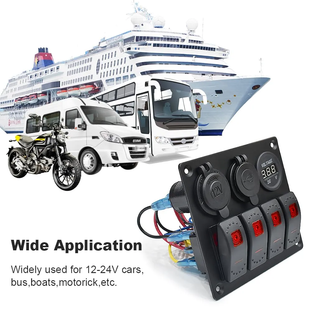 Red Waterproof Boat Rocker Switch Panel 3.1A Volt Dual USB Socket LED Light Voltmeter Cigarette Lighter Socket 4 Bang Rocker Switch Panel for Car RV SUV Boat