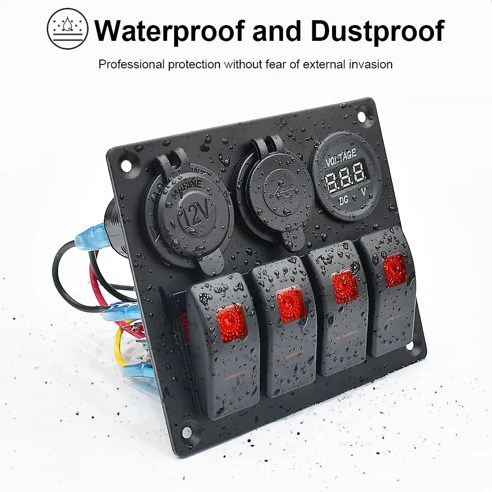 Red Waterproof Boat Rocker Switch Panel 3.1A Volt Dual USB Socket LED Light Voltmeter Cigarette Lighter Socket 4 Bang Rocker Switch Panel for Car RV SUV Boat