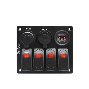 Red Waterproof Boat Rocker Switch Panel 3.1A Volt Dual USB Socket LED Light Voltmeter Cigarette Lighter Socket 4 Bang Rocker Switch Panel for Car RV SUV Boat