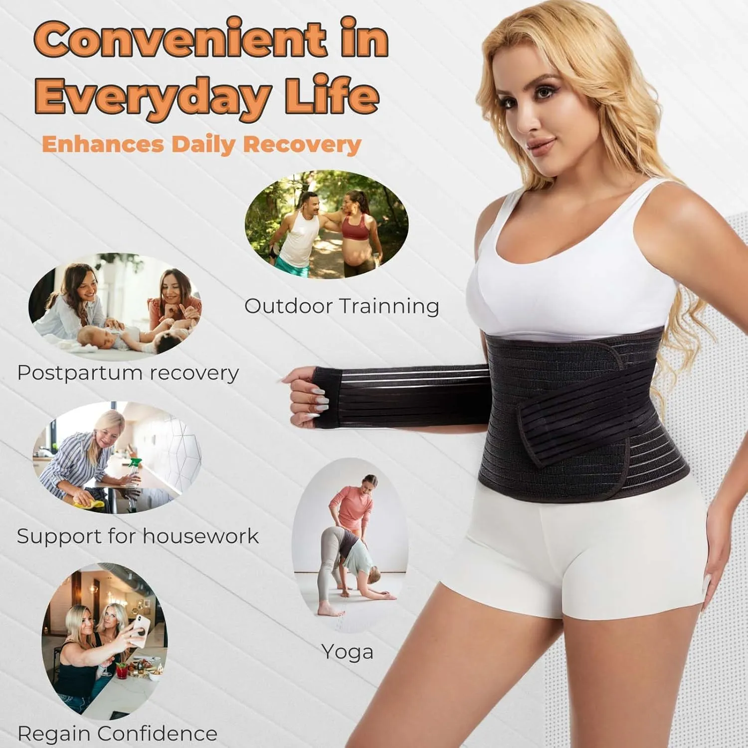 Reian Postpartum Belly Band Abdominal Binder for Post Surgery Recovery, Waist Compression Wrap for Tummy Tuck C-section Herina Support Belt for Women and Men (Black, One Size)