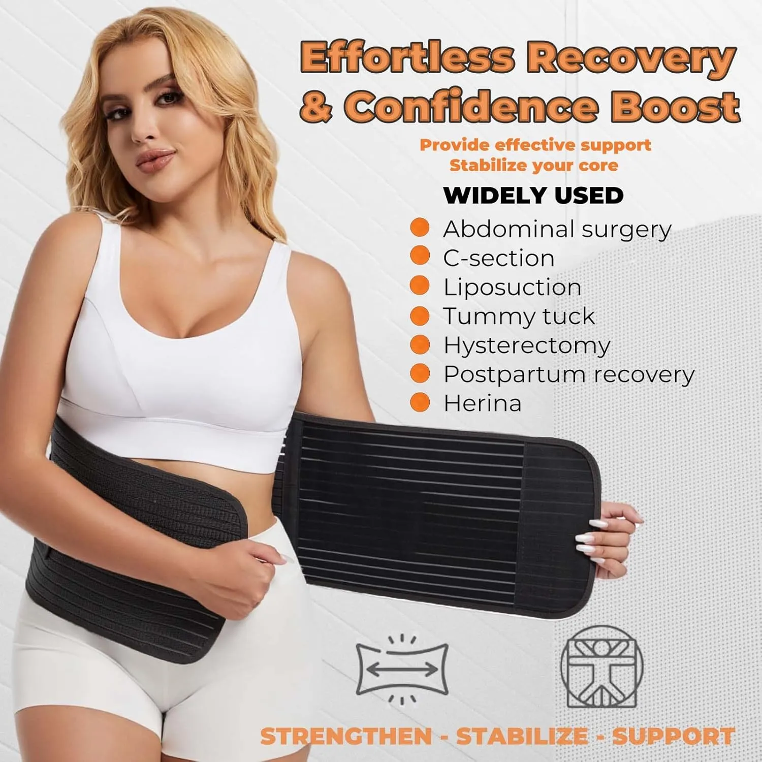 Reian Postpartum Belly Band Abdominal Binder for Post Surgery Recovery, Waist Compression Wrap for Tummy Tuck C-section Herina Support Belt for Women and Men (Black, One Size)