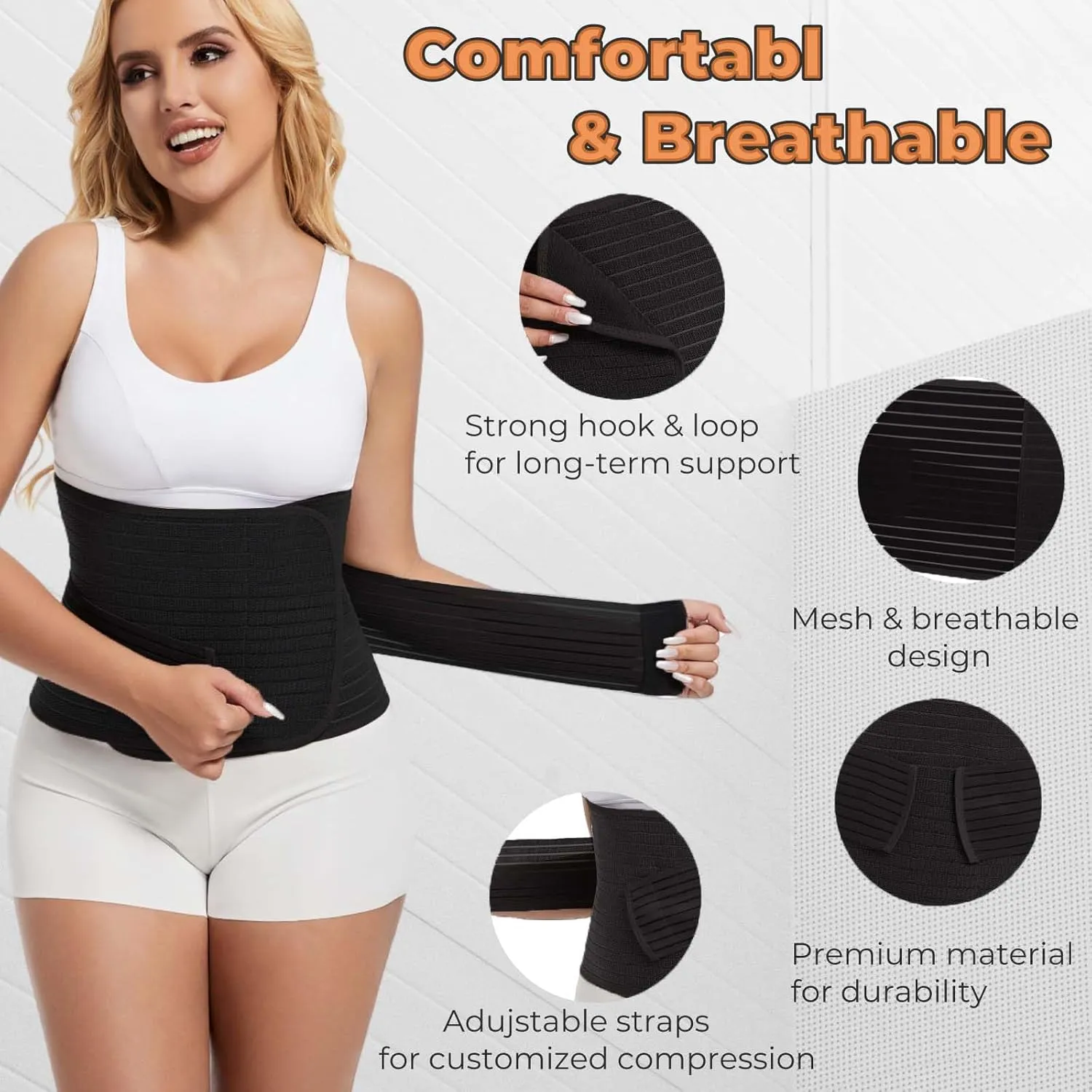 Reian Postpartum Belly Band Abdominal Binder for Post Surgery Recovery, Waist Compression Wrap for Tummy Tuck C-section Herina Support Belt for Women and Men (Black, One Size)