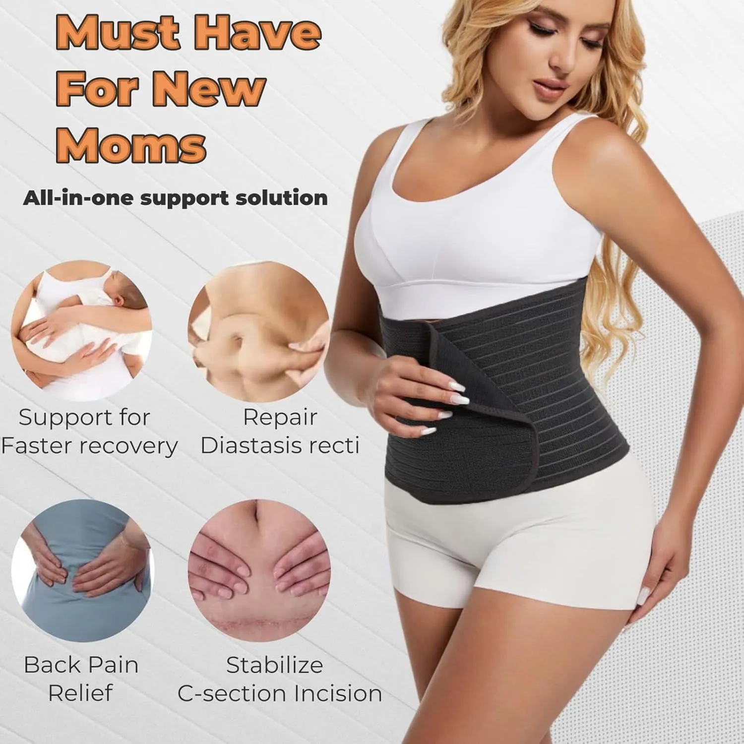 Reian Postpartum Belly Band Abdominal Binder for Post Surgery Recovery, Waist Compression Wrap for Tummy Tuck C-section Herina Support Belt for Women and Men (Black, One Size)